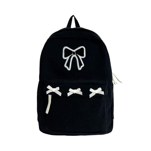 KAOBIO Women Preppy Y2k Aesthetic Corduroy Backpack Kawaii Laptop Backpack Cute Coquette Bow Harajuku College Daypack (Black)
