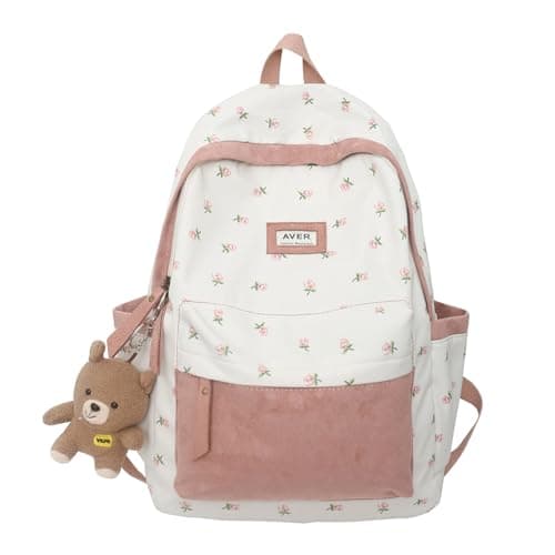 2026 Cute Preppy Bag Floral Printed Kawaii Backpack Cottagecore Aesthetic Backpack Laptop Daypack (Pink)