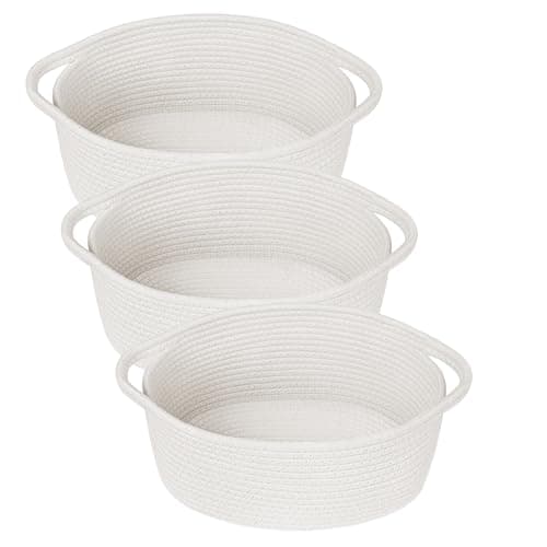 QFLQFL Small Woven Basket, Cute Small Basket 12"x 8"x 5", Cotton Rope Room Shelf Storage Basket, Gift Basket with Handles, Empty Decorative Chest Box for Baby Nursery