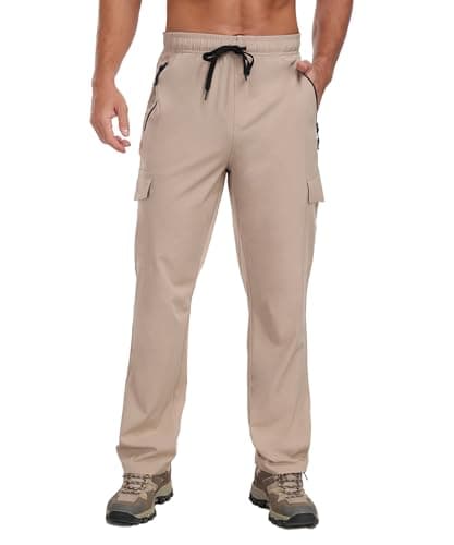 Mens Cargo Hiking Pants with 4 Pockets Waterproof Quick Dry Elastic Waist Drawstring UPF 50+ Lightweight Work Casual Travel Golf Workout Gym Khaki XL