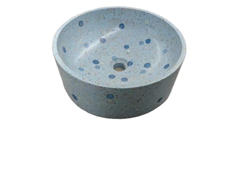 DINGXINTAI 16” Blue Round Vessel Sink - Handmade Terrazzo Concrete Above Counter Bathroom Sink for Countertop Installation