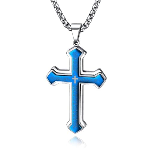 OLEVS Unique Silver Blue Men's Cross Pendant Necklace Religious Large Stainless Steel Silver Blue Cross Pendant Necklace for Men