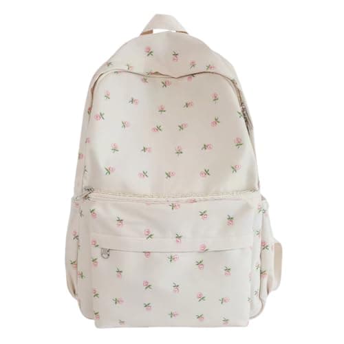 2026 Cute Preppy Bag Floral Printed Kawaii Backpack Cottagecore Aesthetic Backpack Laptop Daypack (White)
