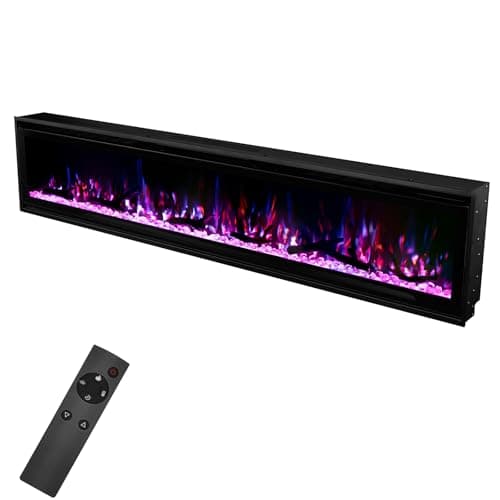 70 Insert Electric Fireplace, Fully Recessed or Wall Mounted, 4 Flame Colors, 4 Brightness Levels, Black with Transparent Crystals, Firewood Effect, Remote Control, Adjustable Heat, 750-1500W.