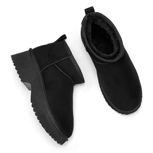 DOBOLIN Winter Platform Boots for Women, Genuine Suede Ankle Snow Booties with Thick Sole,Warm Lightweight Classic Shoes for Daily Black, US Size 8