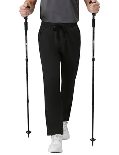 Tmeefee Men's Stretch Hiking Pants Waterproof Casual Lightweight Elastic Waist Slim Fit Breathable Active Joggers Quick Dry Athletic Outdoor Travel Workout Sweatpants with Zipper Pockets Black