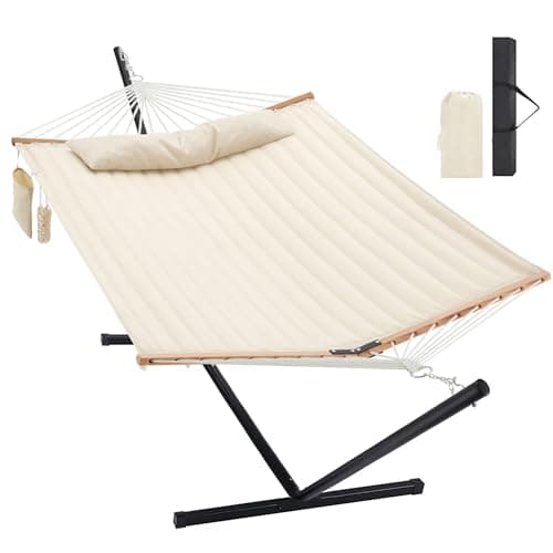 Homgava Two Person Hammock with Stand for Outside Heavy Duty, Outdoor Patio Hammock with Portable Steel Stand, Large Double Hammocks,480lbs Capacity.(Off White)
