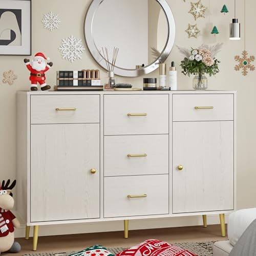 Wood 5 Drawer Dresser for Bedroom with 2 Doors, 48" Wide Modern Chest of Drawers with Metal Handle, Wooden Dresser TV Stand, Wood Closet Clothes Storage Organizer for Living Room, Hallway,Ash