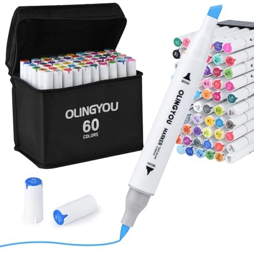 OLINGYOU alcohol markers brush tip, 60 Colors Brush & Chisel Permanent Alcohol Markers Set, Dual Tip Art Markers Set for Adult Coloring Book