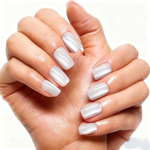 Melines 30pcs White Cat Eye Short Square Press On Nails, Reusable Nail Kit with Nail Adhesive Tabs Mini Nail File, 15 Sizes (Sheer Icy White)