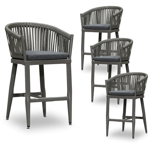 PURPLE LEAF Outdoor Counter Height Bar Stools Set of 4 Patio Metal Modern Wicker Bar Chairs Woven Aluminum Barstools with Back and Cushions for Balcony Garden Indoor Kitchen Poolside Slate Gray