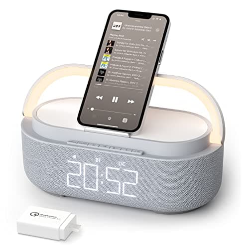 Bluetooth Speaker with Wireless Charger, FM Radio, Dimmable Bedside LED Night Light, Stereo Sound Dual Wireless Speakers, 2500mAh Portable Speaker for Home Decoration, Bedroom, Office, Gift