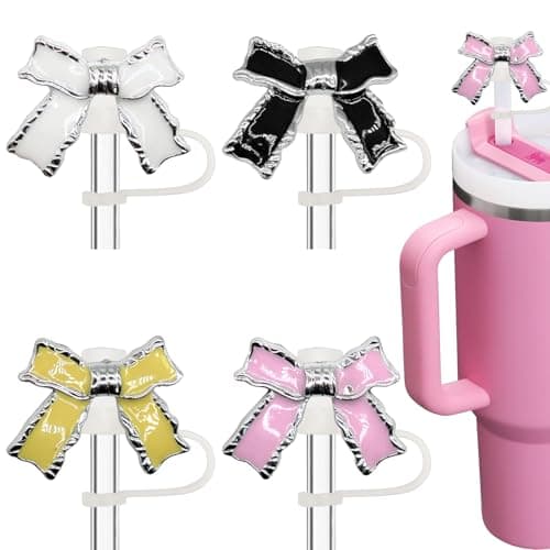Amreich Epoxy Bow Straw Toppers for Stanley Cups -4PCs Cute Straw Cover Caps Silicone Stanley Cup Accessories Compatible with 12 20 30 40 Oz Tumblers in Pink Black White Yellow with Storage Case