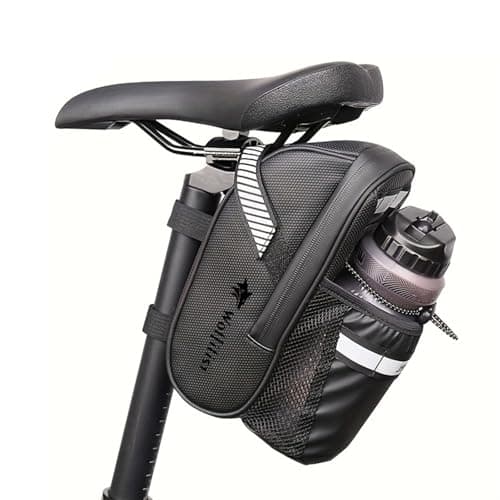 WOLFILIST Bike Saddle Bag - Waterproof Bicycle Seat Bag with Bottle Holder, Under Seat Pack Storage for Mountain and Road Bikes (Black logo)