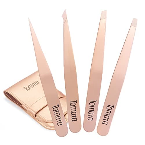 Tomata Tweezers for Eyebrows, Slant Tip and Pointed Eyebrow Tweezer Set Great Precision for Eyebrows Facial Hair, Ingrown Hair, Splinter, Blackhead and Tick Remover (4-piece) (Gold)