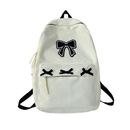 KAOBIO Women Preppy Y2k Aesthetic Corduroy Backpack Kawaii Laptop Backpack Cute Coquette Bow Harajuku College Daypack (White)