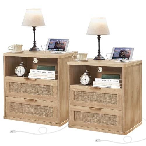 LEYAOYAO Rattan Nightstands Set of 2 with Charger Station, 23" Wide Boho Night Stand with 2 Drawers, Natural Wood Bedside Table Open Shlef, Bed Side End Table Dresser for Bedroom, Living Room Hallway