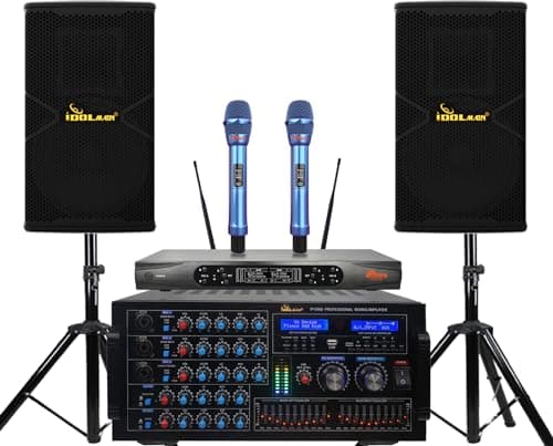 Home Karaoke System IDOLmain 6000W Professional Mixing Amplifier Plus 1800W 12" High-End Speakers with Dual Wireless High Performance Microphone
