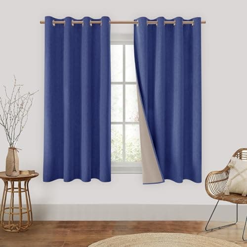 HOMEIDEAS 100% Blackout Curtains 2 Panels Royal Blue Linen Room Darkening Curtains 52 X 63 Inches Thermal Insulated Grommet Window Drapes with Liner for Living Room, Bedroom