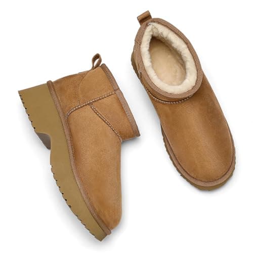 DOBOLIN Womens Winter Snow Boots, Genuine Suede Platform Ankle Booties with Warm Fur Lined, Lightweight Classic Shoes for Outdoor Indoor Chestnut, US Size 8