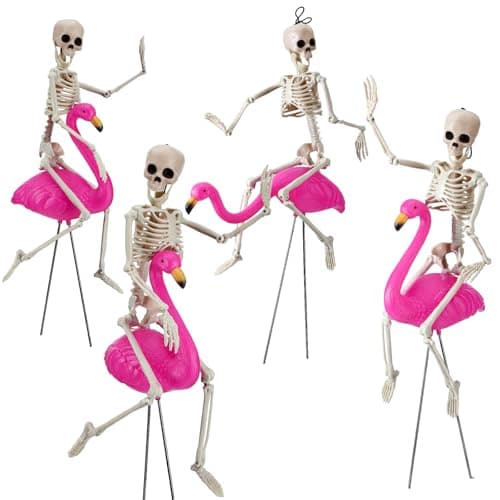 Simgoing 8 Pcs Halloween Skeleton Flamingo Decoration Outdoor Yard Ornament 15.7" Plastic Skeleton Decor with Posable Legs Flamingo Statue Decor for Yard Garden Lawn (Pink,S,Classic)