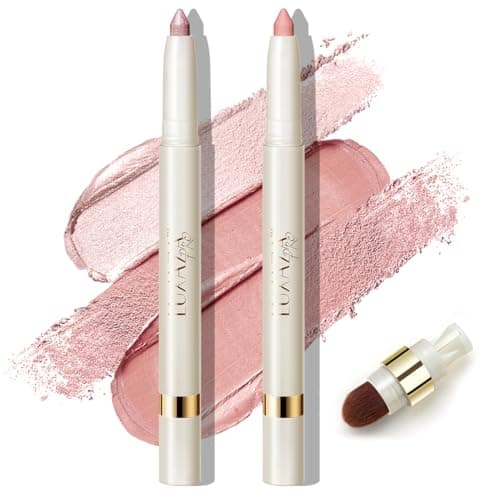 LUXAZA PRO 2PCS Eyeshadow Makeup Stick, Cream Shimmer, Eyeshadow Highlighter Makeup Eye Brightener Pencil Sticks Cosmetics, with Built-in Brush and Sharpener, S3M4 Peach-Bud