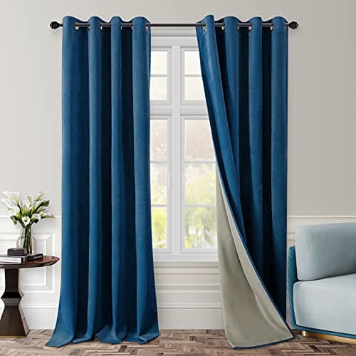 HOMEIDEAS Full Blackout Velvet Curtains,52 X 96 Inch Room Darkening Thermal Insulated Grommet Window Drapes for Bedroom, Living Room,Navy Blue, 2 Panels