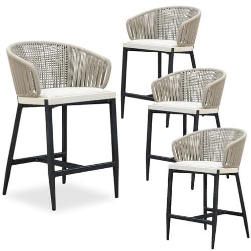 PURPLE LEAF Outdoor Rattan Counter Height Bar Stools Set of 4 Modern Patio Aluminum Woven Counter Chairs with Wicker Wraparound Back with Armrest for Kitchen Indoor Gray