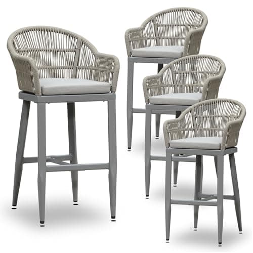 PURPLE LEAF Outdoor Bar Height Stools Set of 4 Patio Metal Modern Wicker Rattan Bar Chairs Woven Aluminum Barstools with Back and Cushions for Balcony Garden Indoor Kitchen Outside Light Gray