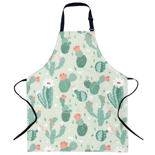 EXFAI Cactus Cartoon Plant Adjustable Neck Bib Apron with Pocket for Men Women, Waterproof Aprons Gifts for Home Kitchen Cooking Baking Chef Painting Gardening and Party