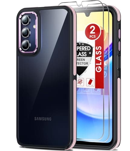 LeYi for Galaxy A15-5G Phone Case: 2 Pack Screen Protector Shockproof Military-Grade, [Anty-Slip Grip] Metal Texture Lens Magnetic Translucent Matte for Samsung A15 5G Case, Pnk