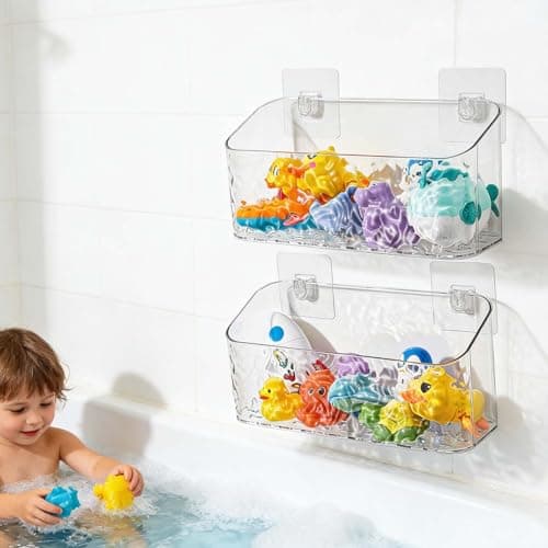 Eunion Bath Toy Storage Organizer, Bathtub Toy Storage Holder, Large Capacity Wall Mounted Shower Caddy Shower Organizer, No Drill Shelves Basket, Wave, 2 Pack