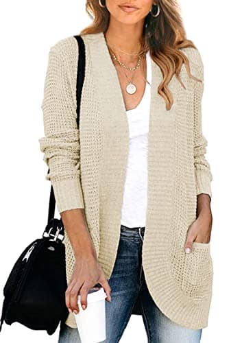 KIRUNDO Cardigan Sweaters for Women 2024 Fall Open Front Long Sleeve Loose Lightweight Knit Sweater Coat with Pockets(Apricot, Large)