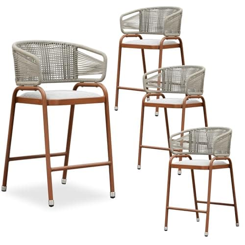 PURPLE LEAF Outdoor Rattan Counter Height Bar Stools Set of 4 Modern Patio Metal Wicker Aluminum Woven Counter Bar Chairs with Wraparound Back with Armrest for Kitchen Garden Indoor Teak