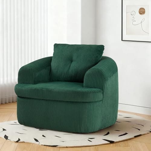 Hretanant 36.6" Swivel Accent Chair, 360 Degree Oversized Swivel Barrel Chair for Living Room, Modern Corduroy Upholstered Accent Armchair Comfy Boneless Sofa Chair for Bedroom, Green