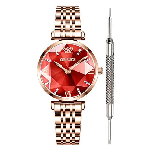 OLEVS ​​Ladies Red Crystal Rhinestones Watches for Women Fashion Watches Waterproof Prismatic Luxury Fine Classy Women Watch Steel Analog Quartz Watch