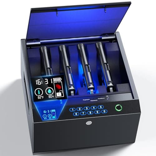 MOLICAR Gun Safe fits 4 pistols, Biometric Gun Safes for Handgun with LCD of Temp Humidity Battery, USB-C Port, Fingerprint Quick Access Pistol Case, Hand Gun Lock Box for Home Bedside Nightstand Car