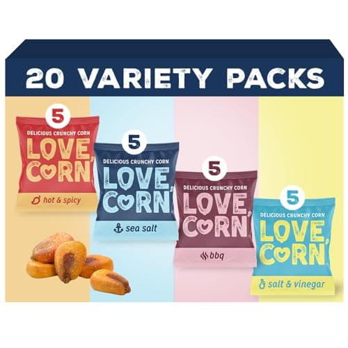 LOVE CORN Fab Four - Sea Salt, BBQ, Salt & Vinegar, Hot Spicy 0.7oz x 20 Delicious Crunchy Corn Healthy Family Snacks Gluten Free, Kosher, NON-GMO Alternative for Chips, Nuts, Crackers Pretzels