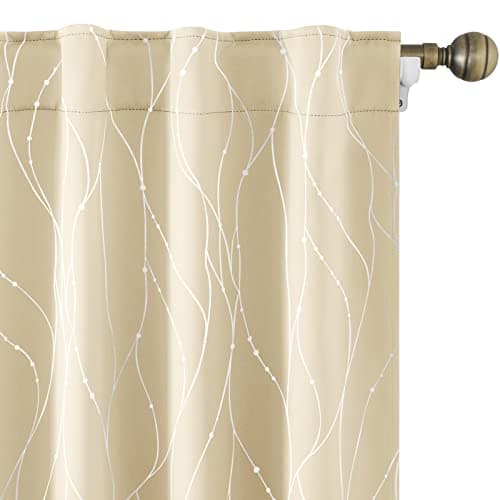 HOMEIDEAS Royal Blue Blackout Curtains 52 X 63 Inch Length 2 Panels Silver Wave Line with Dots Printed Back Tab Room Darkening Pocket Thermal Light Blocking Window Drapes for Bedroom