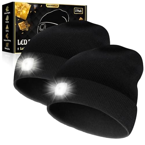 MANWALD LED Beanie Hat with Light, USB Rechargeable LED Headlamp, Gifts for Men, Christmas Stocking Stuffers for Men Adults, Birthday Gifts for Him Dad Husband, Boyfriends, Black, 2PCS
