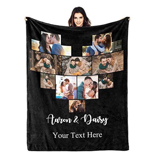 Custom Photos Collage Blanket Customized Blanket with Heart Shape Collage Personalized Blanket with Text Picture Collage Gift for Family Couple Birthday Christmas Valentines Day 10 Photo Collage