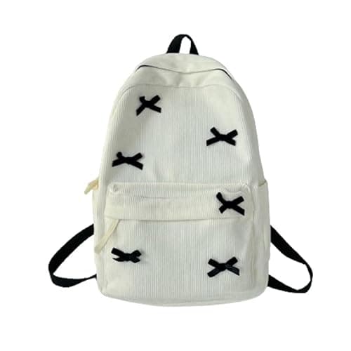 KAOBIO Women Preppy Y2k Aesthetic Corduroy Backpack Kawaii Laptop Backpack Cute Coquette Bow Harajuku College Daypack (White Bow)