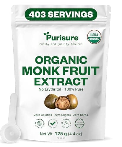 Organic Monk Fruit Sweetener, 125g (4.41oz), No Fillers Pure USDA Organic Monk Fruit Extract Powder with No Aftertaste, Zero Calorie & Zero Carbs, Keto & Paleo Friendly 320-403 Servings
