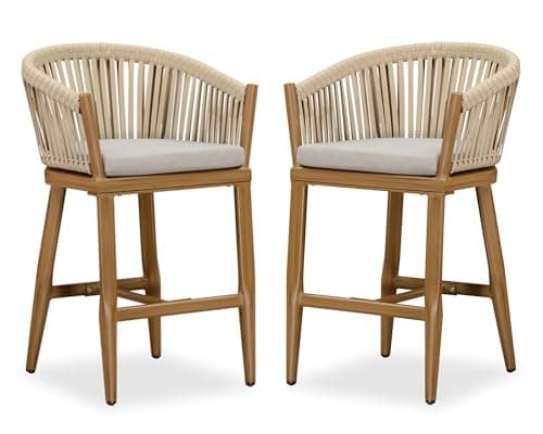 PURPLE LEAF Outdoor Counter Height Bar Stools Set of 2 Patio Metal Modern Wicker Bar Chairs Woven Aluminum Barstools with Back and Cushions for Balcony Garden Indoor Kitchen Poolside Teak
