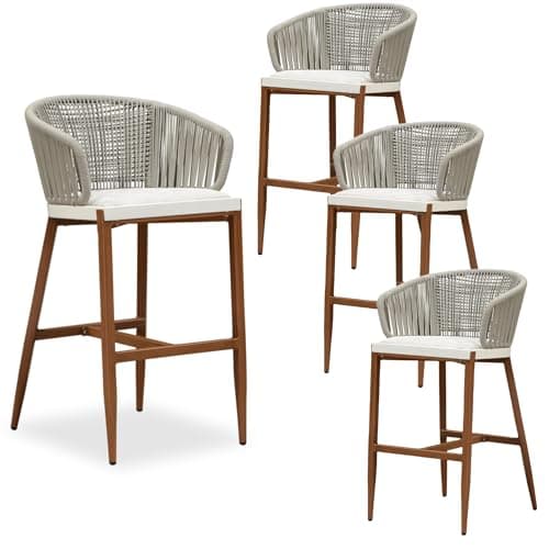 PURPLE LEAF Outdoor Rattan Bar Height Stools Set of 4 Modern Patio Metal Wicker Barstools Boho Aluminum Woven Bar Chairs with Wraparound Arm Backrest for Kitchen Island Garden Indoor Teak