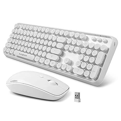 Wireless Keyboard Mouse Combo, 2.4GHz Wireless White Keyboard with 104 Retro Typewriter Keycaps,Letton Full Size Keyboard and Cute Mouse with 3 DPI for Computer PC Desktop Laptop