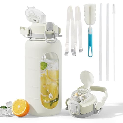 fluhun 64 Oz Glass Water Bottles with Straw Lid and Handle, Half Gallon Water Bottle Glass with Silicone Sleeve and Strap, Motivational Glass Bottle with Time Marker, Reusable Sport Water Jug (White)