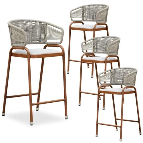 PURPLE LEAF Outdoor Rattan Bar Height Stools Set of 4 Modern Patio Metal Wicker Barstools Aluminum Woven Bar Chairs with Wraparound Armrest Back for Kitchen Garden Indoor Teak