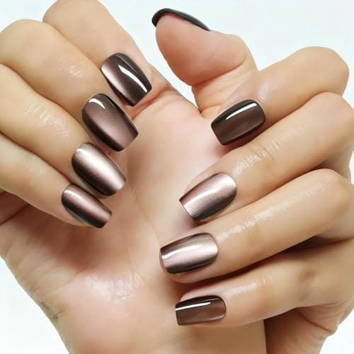 Melines 30pcs Brown Cat Eye Short Square Press On Nails, Reusable Nail Kit with Nail Adhesive Tabs Mini Nail File, 15 Sizes (Light Brown)