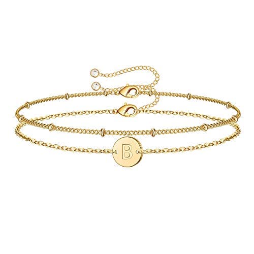 MONOZO Gold Initial Bracelets for Women, Dainty 14K-gold-plated Layered Beaded B Letter Initial Bracelet Personalized Alphabet Disc Monogram Charm Bracelet Jewelry Gifts for Her